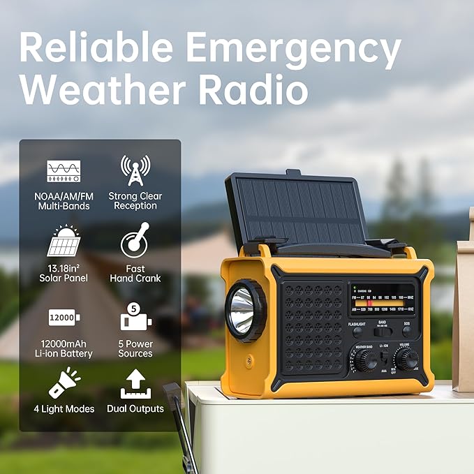 Weather Radios Portable AM FM NOAA Alert with Battery Backup 12000mAh 44400mWh, Fast Solar Power, Emergency Radio Hand Crank Flashlight, Reading Lamp SOS for Home Outdoor Camping