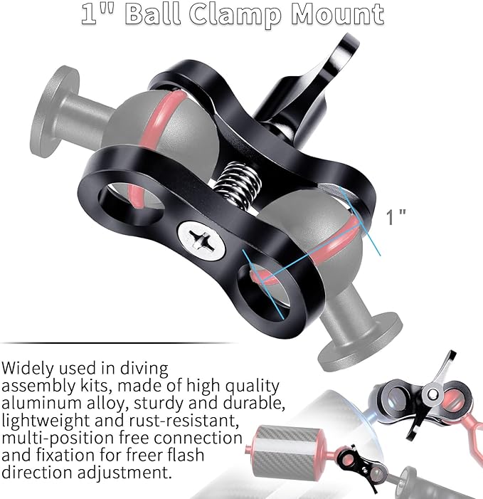 2-Hole 1" Aluminum Underwater Camera Clamp Ball Mount (2-Pack) - Underwater Bracket for Diving Light Arms & Camera Trays, Saltwater-Resistant Adapter for Scuba Photography/Videography Gear