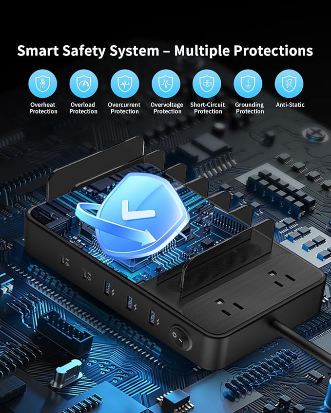 85W Charging Station for Multiple Devices, 7-in-1 Power Strip with 2 AC, 2 USB C, 3 USB A, USB C Charging Hub for MacBook, iPhone, Android & More, USB Desk Charger, Black