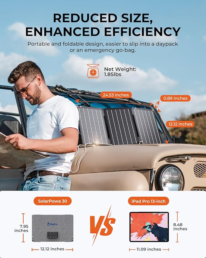 BigBlue 30W Solar Panel Charger with Fast Charging USB-A, USB-C and DC Ports, IP68 Waterproof, Portable Folding Solar Charger Compatible with iPhone, iPad, Samsung, LG, Power Banks, Power Station