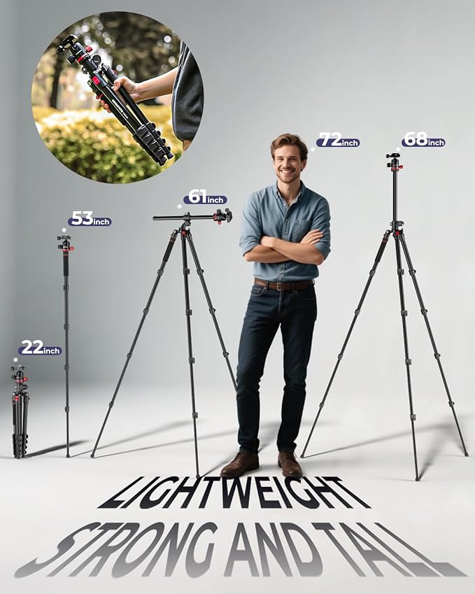 68" Horizontal Overhead Tripod for Camera, Aluminum Camera Tripod with Ball Head for Macro & Overhead Shooting, Detachable Monopod, 1/4" Arca QR Plate, 33lb Load Capacity