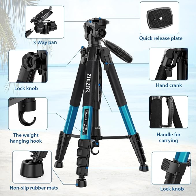 75" Heavy Duty Camera Tripod Stand with Bluetooth Remote - Max Load 15LB, Aluminum Travel Tripod for DSLR/Phone/Tablet/Projector, 3-Way Pan Head & Quick Release Plate, Compact Foldable Design (Blue)