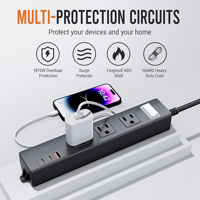 VNJ Outdoor Power Strip with 3AC Outlets + 3USB Ports, IPX6 Waterproof Surge Protector, Safety Lock Design and ETL-Certified Cables, 15FT Extension Cord for Home, Garden, and Commercial Use