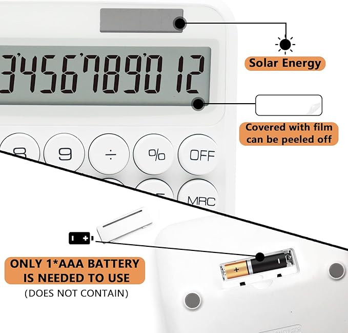 White Calculator, Standard Calculator 12 Digit with Large LCD Display and Big Buttons, White Office Supplies and Desk Accessories for Home, Office, School, Class and Business