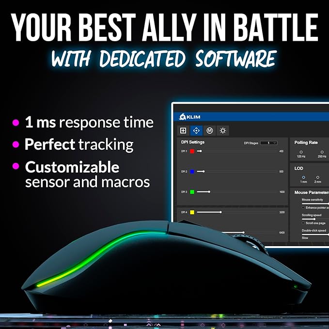 KLIM Blaze Y RGB Rechargeable Wireless Gaming Mouse with Charging Dock - RGB, High-Precision Sensor, Long-Lasting Battery - Up to 6000 DPI - Great PC Gaming Mouse - Wired and Wireless
