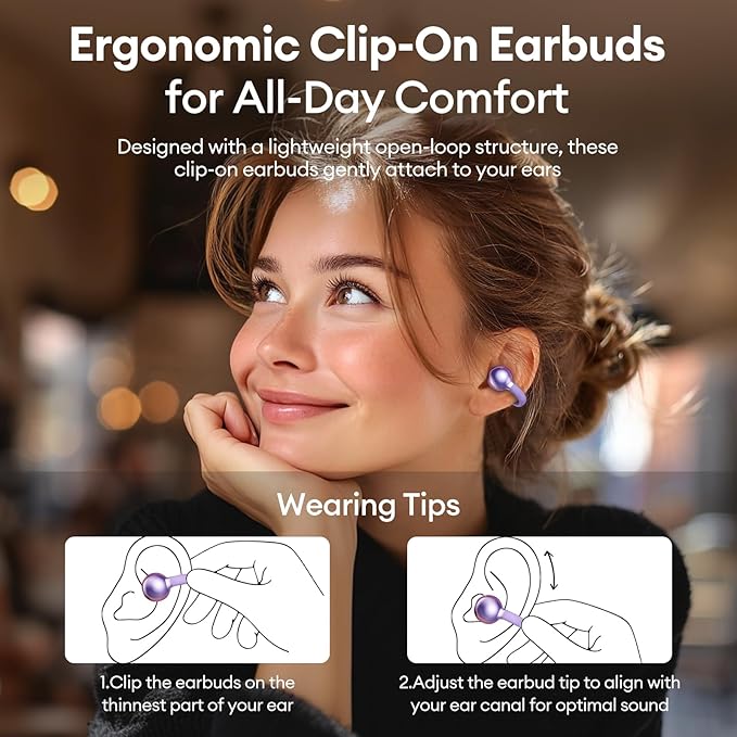 PAXA Clip On Earbuds, Clipbuds7 Open Ear Earbuds Wireless Bluetooth 5.4 with LED Display, Auto L-R Ear Recognition and Touch Control, Ultra-Light 4.5g Fit Comfort for Sports Fitness Daily Use, Purple