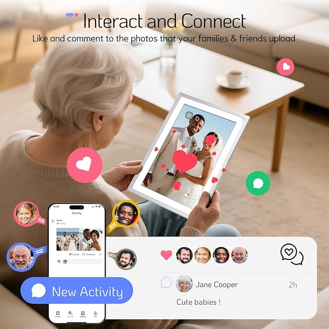 NexFoto Touchscreen Digital Picture Frame 10.1 Inch 64GB, WiFi Digital Photo Frame, Unboxing Gift Mode, Add Photos from Google Photos, Upload Videos Easily, Gifts for Newlyweds, Wedding, Silver