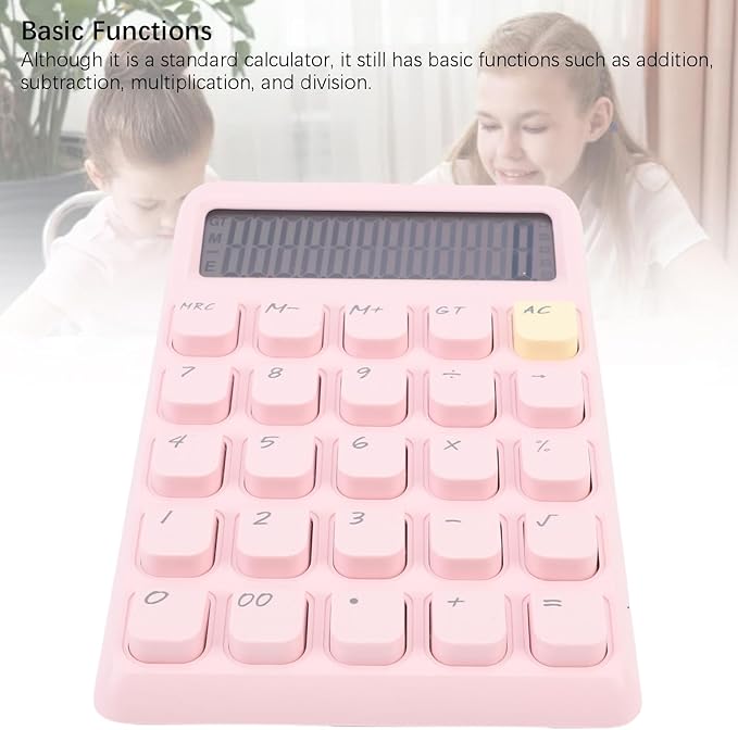 Pssopp Desktop Solar Calculator, Large 12-Digit Display Energy Efficient Tactile Press Keys Portable Standard Math Tool for Home Office Accounting (Pink)