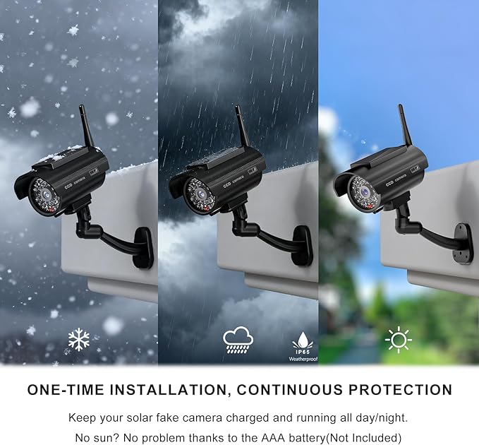 WALI Dummy Fake Camera, Solar Powered Fake Security Camera with LED Light, Simulated Surveillance Security CCTV Dome Cameras with Antenna and Warning Sticker Indoor Outdoor (SOL-TCB4), 4 Packs, Black