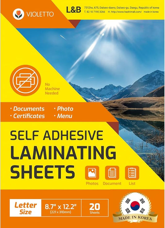 [VIOLETTO] 20 Sheets - Self Adhesive Laminating Sheets for Ultimate Protection. No Machines Needed, 4 Mil Thickness, 8.5 x 11 Inches. Effortless, Durable & Perfect for Documents & Photos.
