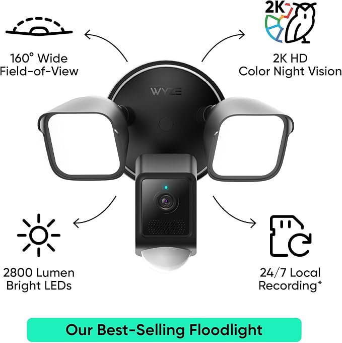 WYZE Floodlight Camera v2, Security Camera Outdoor, 2K HD with Color Night Vision, 2800-Lumen LEDs, 160° Wide View, 105dB Siren, Works with Alexa & Google Assistant, Wired, Free Expert Support