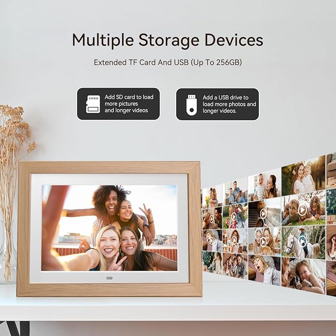 10.1" Digital Picture Frame with Remote Control, 1280 * 800 IPS Full View Ultra Clear Screen, Removable Wooden Frame, Share Videos Photos Send Wishes Auto-Rotate Slideshow Non-WiFi