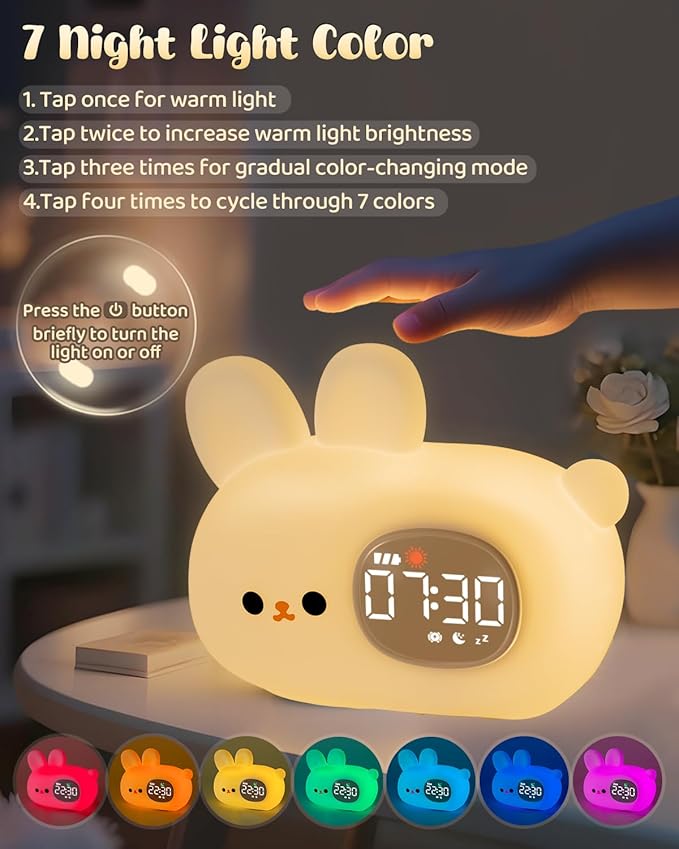 Bunny Alarm Clock for Kids with Night Light, Sleep Training Clock Time to Wake Clock, Rechargeable Silicone Light for Bedroom, Perfect Sleep Companion for Boys Girls