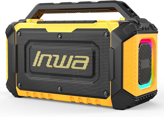 Inwa Jobsite Bluetooth Speakers, 60W Outdoor Portable Wireless Speakers, Compatible with DeWalt & Milwaukee Battery, Loud Boombox w/Bass, RGB Lights & Aux, for Work/Workshop/Garage(Golden)
