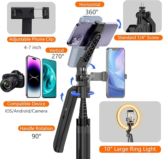 Auto Face Tracking Self Stick Tripod for iPhone with 10" Ring Light Hands-Free 360°Adjustable 70.9 Inch Smart Phone Stand with Wireless Remote for Content Creator Vlog Video Recording