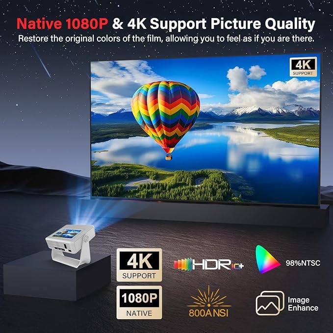 【TouchScreen/Built-in APPs/Auto Focus Keystone】Smart Portable Projector with Touch Tablet, 4K Support Outdoor Proyector, WiFi6 Bluetooth for Home Theater/Gaming/Outdoor (180° Stand & 250")