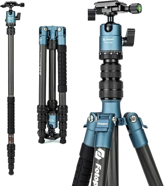 Fotopro 62" Carbon Fiber Travel Tripod, Compact Camera Tripod with Ball Head, Detachable Monopod with Arca-Swiss Quick Release Plate and Bag, Load up to 8KG/17.63lbs, Blue