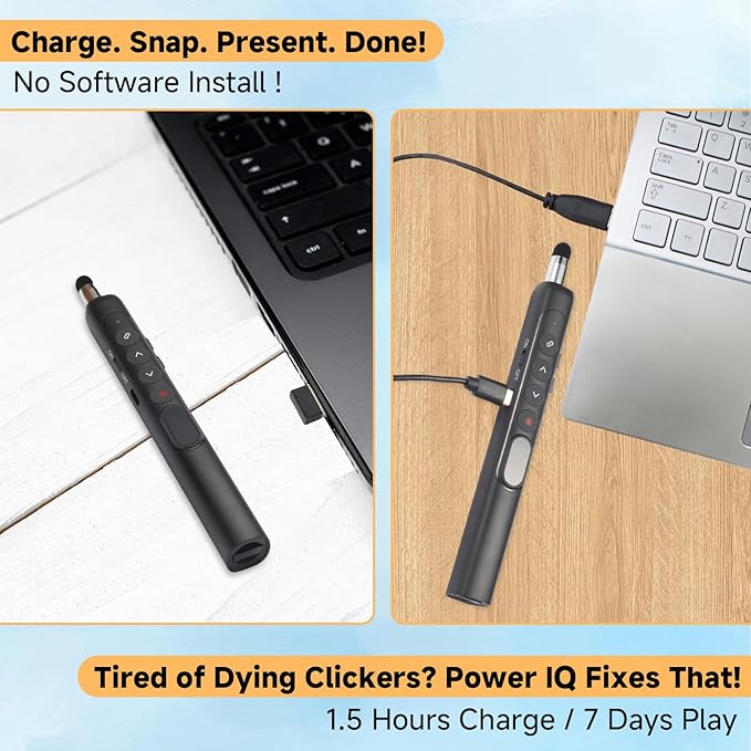 Wireless Presentation Clicker with Retractable Pointer and Stylus, Compatible with PowerPoint Google Slides Keynote, for Mac Windows Computer, Classroom and Office Use