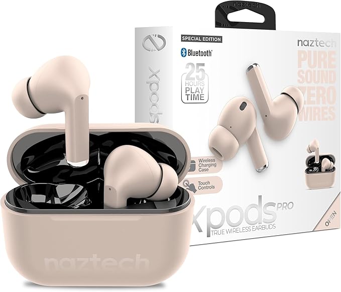 Naztech Xpods PRO Ear Buds - (Sandstone) True Wireless Earbuds Noise Cancelling Earbuds Wireless Bluetooth Earphone for Gym Sound Cancelling in Ear Headphones Fitness Earphones Includes Charging Case