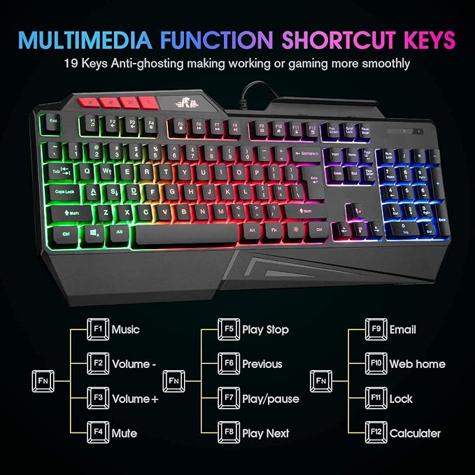 Rii RK202 RGB Gaming Keyboard Multiple Color Rainbow LED Backlit USB Wired Gaming Keyboard with Wrist Rest for Windows & Mac PC Gamers (Black)