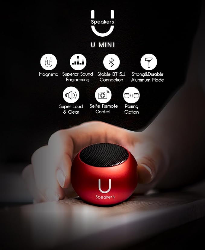 Fashionit U Mini - Small Bluetooth Speaker Wireless - Mic & Remote Shutter, Portable Bluetooth Speakers, Rich Sound for Home & Outdoor, Stocking Stuffers, White Elephant Gifts for Adults - Red