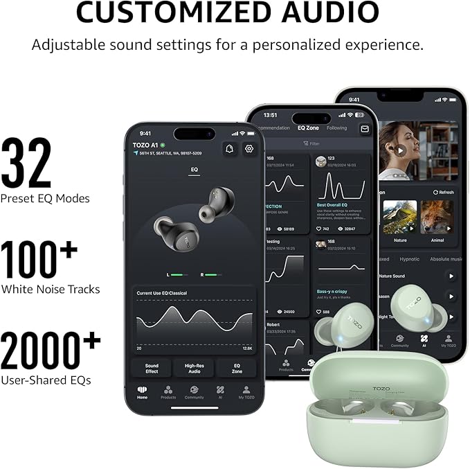 TOZO A1 Wireless Earbuds Bluetooth 5.3 Light Weight in Ear IPX5 Waterproof Headphones 2 Mic for AI Calls, Immersive Premium Sound Bass Headset with Charging Case, 32 Presets EQ Customization via App