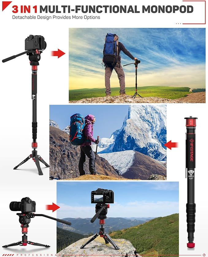 IFOOTAGE 71" Lightweight Travel Monopod with Feet, Aluminum Camera Monopod, Compatible with Sony, Canon, Nikon DSLR Cameras, Payload up to 17.64 lbs/5 KG, Cobra 3 A180T