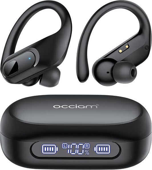 occiam Active Noise Cancelling Ear Buds Wireless Earbuds Bluetooth Headphones 96Hrs Playback LED Display Over-Ear Waterproof Earphones with Earhooks Mics Clear Call for Sport/Running/Workout Black