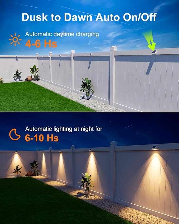 12 Pack Solar Powered Fence Lights Outdoor Waterproof with Warm White LED Spot Lens, for Outside Pool Cage, Patio, Yard, Rail, Garage, Adhesive Designed for Easy Mounted (White Shell)