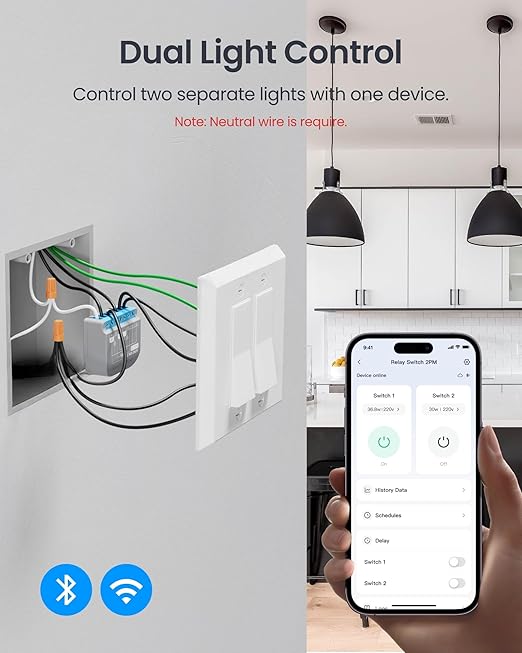 SwitchBot Smart Relay Switch 2PM, Power Metering, Dual Light Control, Built-in Bluetooth Repeater, Wi-Fi & Bluetooth Switch Compatible with Alexa/Apple Home/Google Home/Matter Hub Required, 2.4GHz