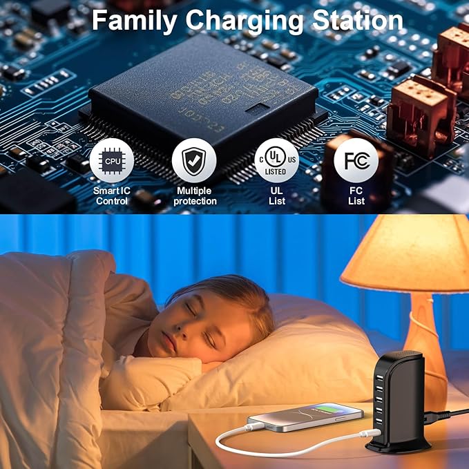 USB Charger Block with Type C, 6-Port Chargers for Multiple Devices, USB Charging Hub with Smart IC, Charger Station Total 60W for Phone/Tablet/Gaming, Wall Charger Adapter Compact&Portable