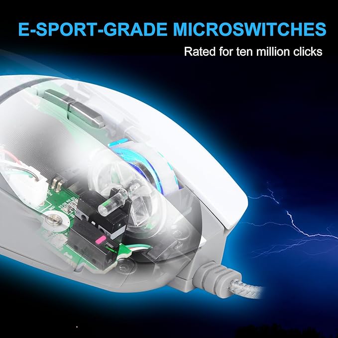 BM-88 Wired Gaming Mouse, 7200 DPI, Musicsync RGB Backlit, 7 Programmable Buttons with 13 Lighting Effects, Braided Cable - White