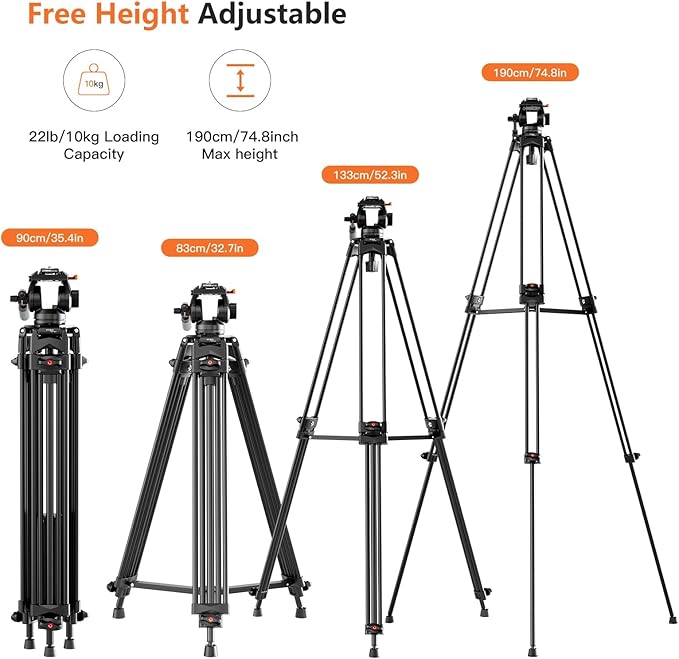 Video Tripod, COMAN 74" Professional Metal Heavy Duty Camera Tripods with Adjustable Damping Fluid Head, Dual-Mode QR Plate Compatible with DJI RS4 Manfrotto (Q6 New Fluid Head)