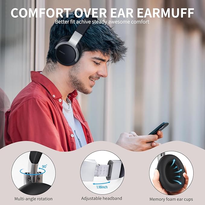AUSDOM Bluetooth Headphones Noise Cancelling: Over Ear Wireless ANC Headphones with Microphone, 50Hrs Playtime, Deep Bass, Hi-Fi Sound, Comfortable Ear Cushions for Travel Work Cellphones, Silver