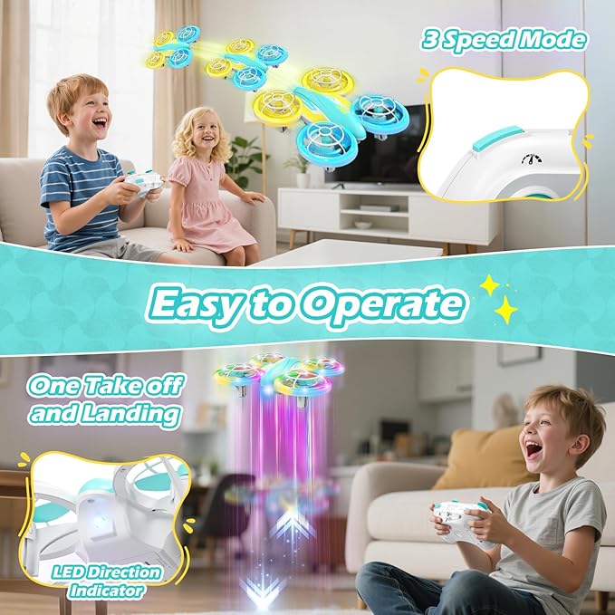 LED RC Drone for Kids 6+, Christmas Birthday Gift for Boys & Girls with Remote Batteries, 360° Flips, 3 Speed Modes, 45 Min Flight Indoor and Outdoor Flying Toy - Blue Yellow