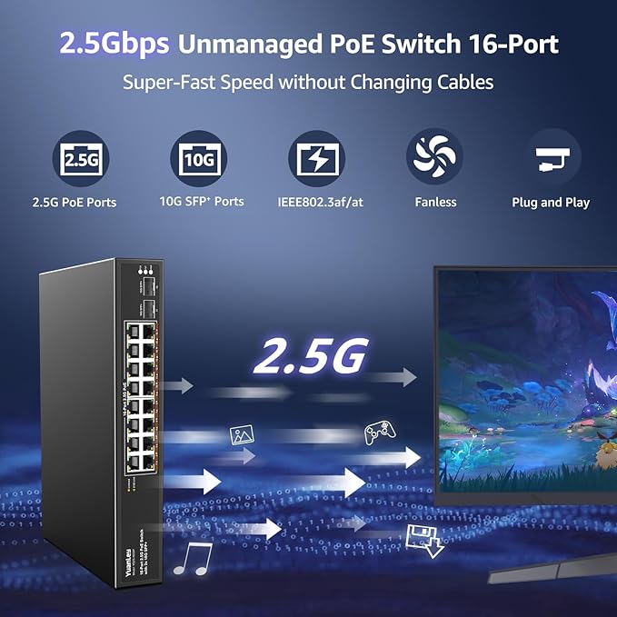 YuanLey 18 Port 2.5G PoE Switch Unmanaged, 16 x 2.5G Base-T PoE Ports, 2 x 10G SFP+, IEEE802.3af/at, 250W, Compatible with 100/1000/2500Mbps, Metal Case, Desktop/Rack Mount 2.5Gbe Network Switch