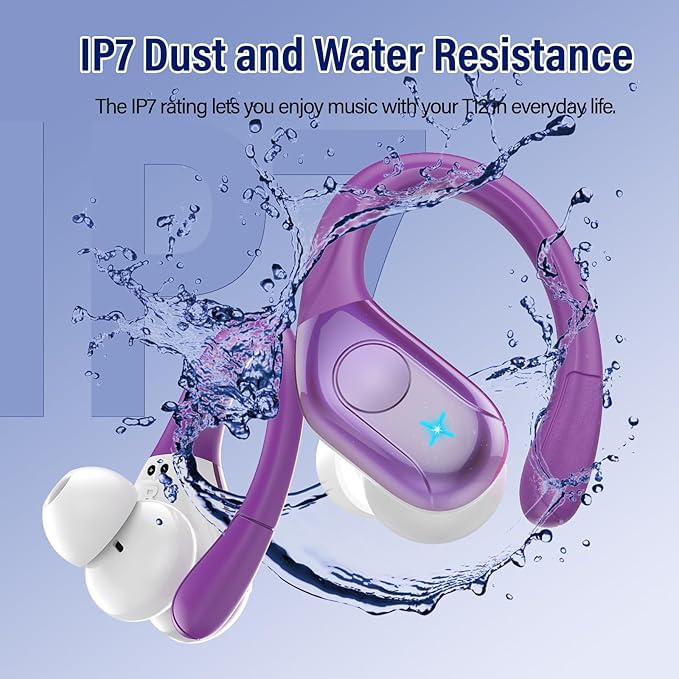 Wireless Earbuds Bluetooth 5.4 Headphones 75H Stereo Deep Bass Sports Over Ear Buds with Earhooks, LED Display Bluetooth Earbuds with 4 ENC Mic, IP7 Waterproof Earphone for Running,Dark Purple