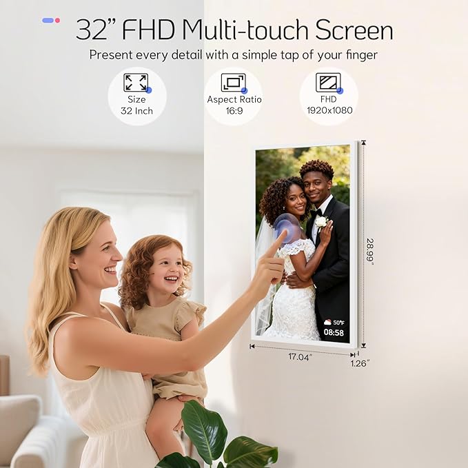 NexFoto 32 Inch Touchscreen Large Digital Picture Frame 64GB, FHD WiFi Digital Photo Frame, Add Photos from Google Photos, Easy to Share Videos, Gifts for Wedding, Housewarming, Birthday, White