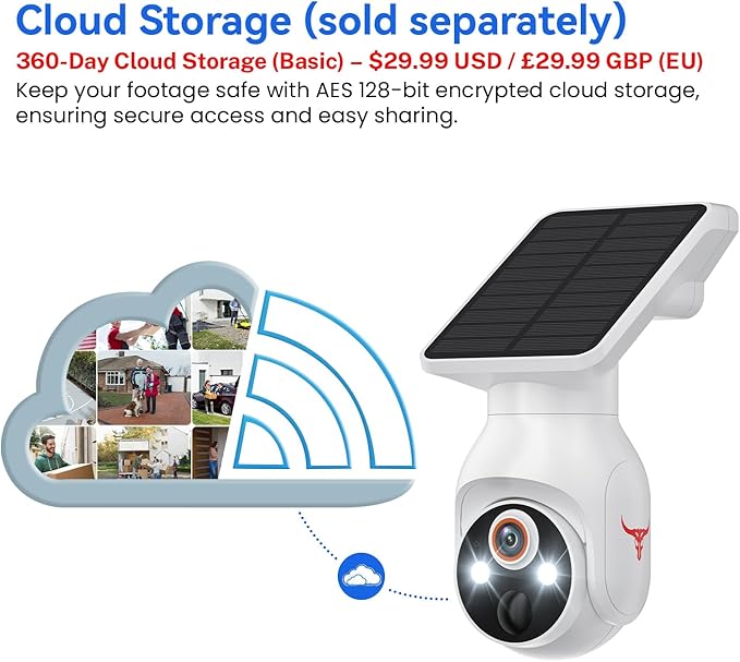 1080p WiFi Security Camera with Solar Panel, Battery Powered, Pan Tilt, AI Motion Detection, Night Vision, 2-Way Talk, IP65, Cloud Storage (Sold Separately), 2.4GHz WiFi Only