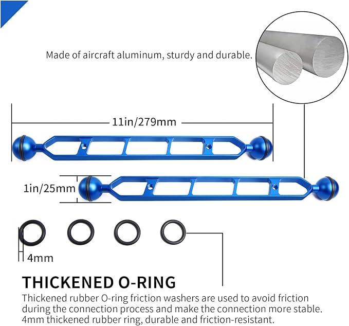 Blue 11" Underwater Aluminum Alloy Extension Arm (2-Pack) - Dual Ball System with 1" Head Connector, Waterproof & Rustproof for Diving Camera Tray/Strobe/Video Light, Scuba Photography Gear