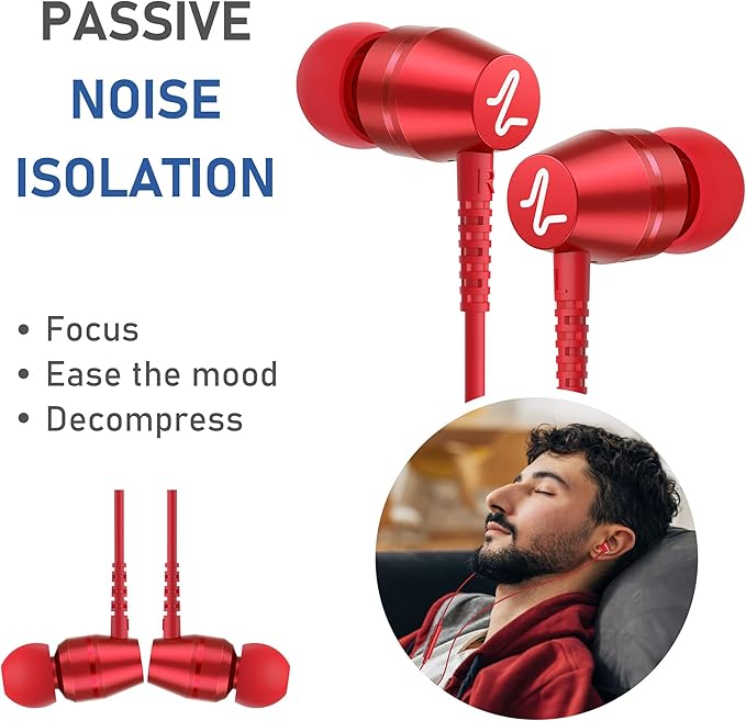 LUDOS OMNITONE Wired Earbuds in-Ear Headphones, 5 Years Warranty, Earphones with Microphone, 3.5 mm Jack Corded Ear Buds, Videoconference for iPhone, Samsung, Laptop, Kids, School Students - Red