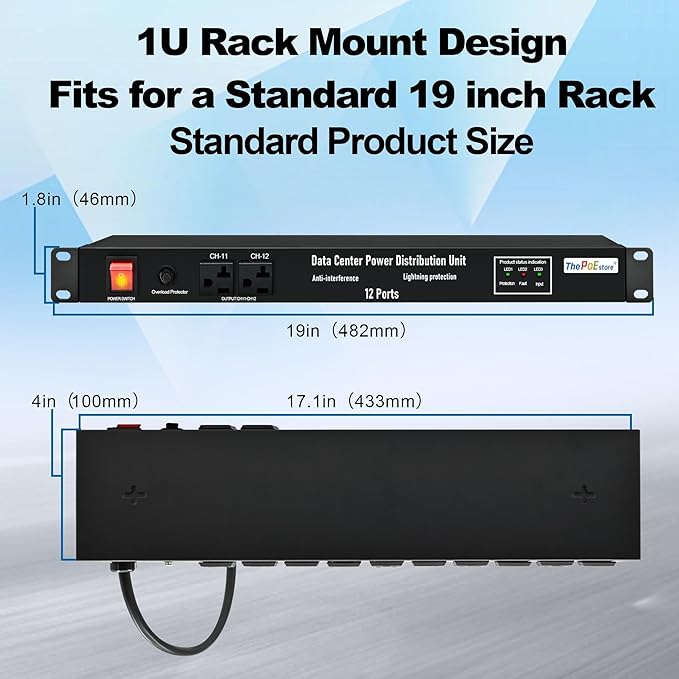 1U PDU Network Servers Surge Protector Power Distribution Unit 12-Outlet, 120V 20A, 3600 Joules 10KA,19″ Rack Mount Power Strip,Heavy-Duty 12AWG 16 ft Cord,w/AC Filter, ETL Listed, by ThePoEstore