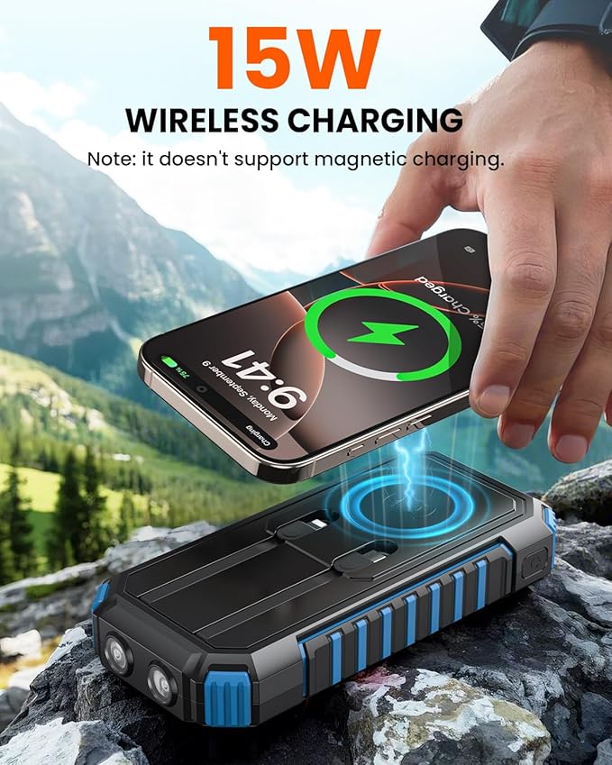 Riapow Solar Charger Power Bank - 27000mAh Wireless Portable Charger Built in Cables - 22.5W Fast Charging Battery Bank with USB C - PD QC3.0 External Battery Pack for iPhone Flashlights for Outdoor