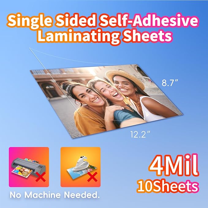 Uinkit Self-Adhesive Laminating Sheets, 4Mil 10 PCS 8.7 x 12.2 Inches Clear Self Sealing Laminating Sheets, Suitable for 8.5x11 inches Letter Size, No Machine Needed
