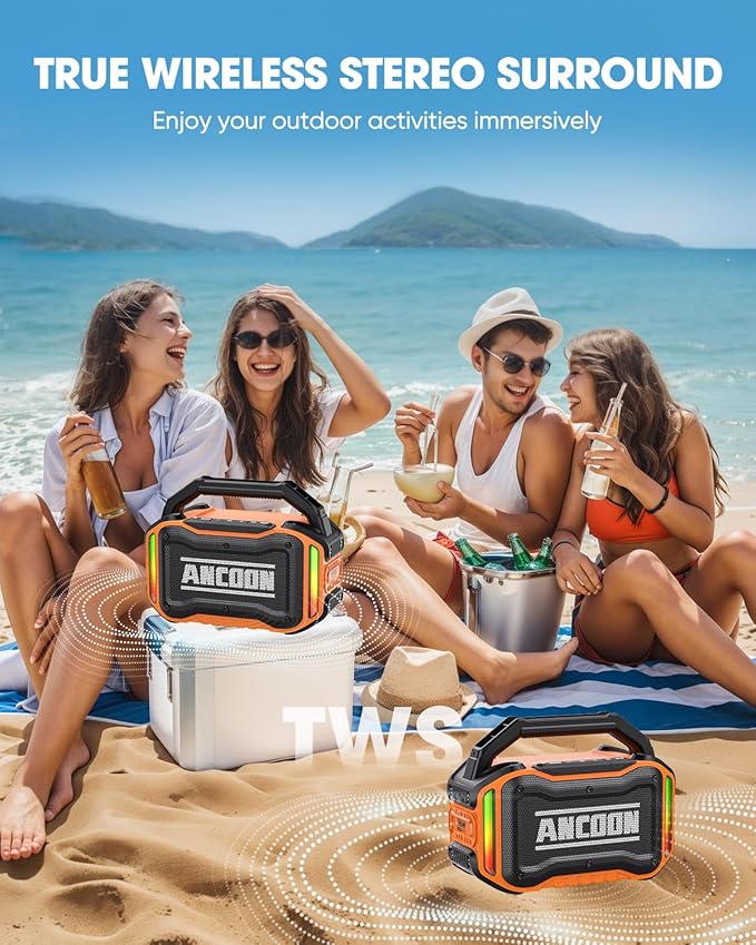 Speakers Bluetooth Wireless: 80W(Peak) Loud Speaker with Bass, 20H Playtime, IPX6 Waterproof, Large Jobsite Speakers for Work, Outdoor, Workshop, Garage, Portable Speaker with TWS (Orange)