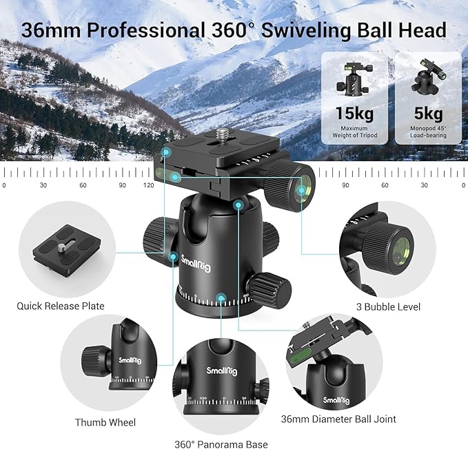 SmallRig CT-20 Camera Tripod, 78.7" Foldable Aluminum Tripod & Monopod, 360°Ball Head Detachable, Payload 33lb (200cm/78.7")