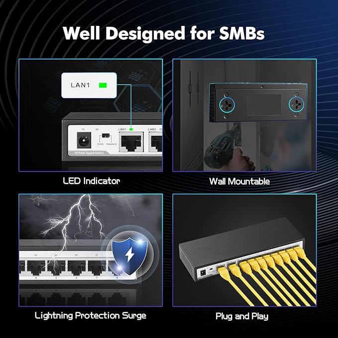 10 Port Gigabit Switch, 8 x 100/1000Mbps Ports, 2 Gigabit Uplink, Support Vlan, Metal Fanless Unmanaged Plug and Play YuLinca Ethernet Switch