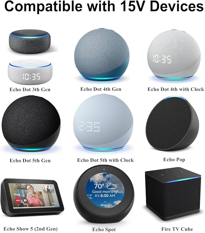 15W Power Adapter Compatible with Alexa Echo Pop, Echo Dot 5th Gen, Dot 4th Gen, Dot 3rd Gen, Echo Show 51st 2nd Gen,15W Power Cord