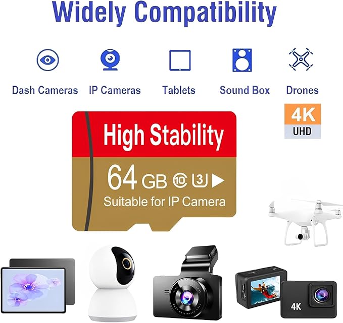 Memory Card, Micro TF Card U3 V30 4K UHD High Stability for Camera/Dash cam/Drone with Adapter (2 Packs) (64, GB)