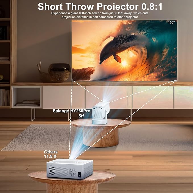 [ Auto Focus / Keystone ] Smart Projector with Wifi and Bluetooth 5.4, SALANGE 1080P Native Projectors 4K, Short Throw Projector w Built in Apps, Android 11, Mini Portable Proyector HY260pro